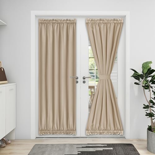 Easy-Going Blackout Door Curtains 1 Panel, 52x72 inch, Beige - Rod Pocket Privacy Light Filtering Sidelight Curtains French Door Curtains with Tieback