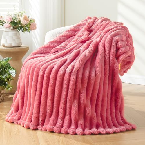 "NEWCOSPLAY Super Soft Throw Blanket Coral Pink Premium Silky Flannel Fleece 3D Ribbed Jacquard Lightweight Bed Blanket All Season Use (Coral Pink Ribbed, Throw(50""x60""))"