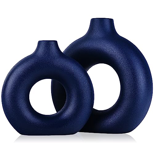 Matte Ceramic Vase Set of 2 - Navy Blue Circle Vases Modern Boho Home Decor, Farmhouse Pampas Flower Vases, Minimalist Vases, for Dinner Table Party Living Room Office Bedroom, Kitchen Decorative