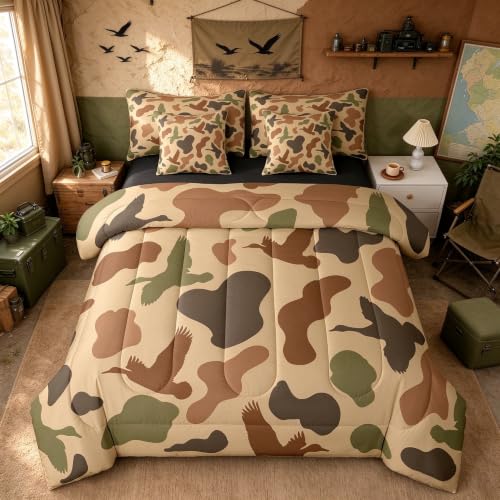 Feelyou Camo and Duck Bed Set Boys Girls Queen Size Duck Hunting 7 Pieces Bedding Set Women Men Ultra Soft Duck Hunter Bed Set Includes Comforter, Sheet Set, Pillowcases Brown Green Room Decor