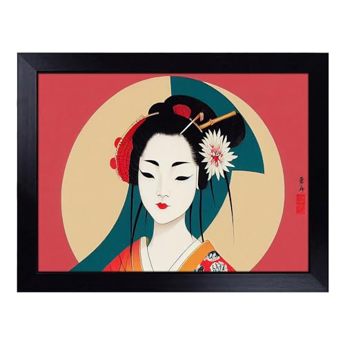 Lap Tray with Bean Bag Cushion, Geisha Art Deco - Handmade in the UK, Raised Wooden Edge, Padded Cushion, Heat-Resistant Wipe-Clean Surface, for Meals, Laptops and Crafts