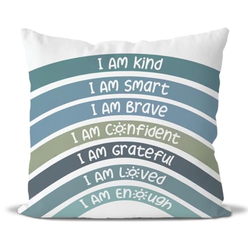 QIYUHOY Olive Boho Rainbow Classroom Throw Pillow Covers, 18x18 Inch - Book Center Calming Corner Playroom Decor Pillow Case, Purple Pillow Cover, I Am Kind Smart Brave Confidence