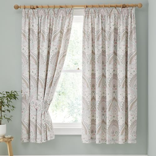 Dreams & Drapes - Green Jacobean Curtains - 66 x 72 (168cm x 183cm) - Moroccan Bohemian Panels in Green - Exotic Persian Style Pencil Pleat with Tie-Backs.
