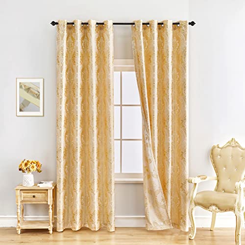 "ELKCA Jacquard Luxury Gold Curtains Drapes Window Curtains for Living Room Bedroom Curtain,Grommet Top,2 Panles (Damask-Golden, 52"" W x 84"" L)"