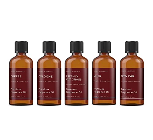 Mystic Moments - HIS Fragrance Oil Starter Pack - 5x100ml - Five scents: Coffee, Cologne, Freshly Cut Grass, Musk and New Car for candles, wax melts and soaps.