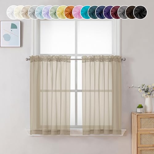 Chyhomenyc Sheer Taupe Tier Curtains 24 Inch Length, Small Window Treatment for Bathroom Living Room Basement, Short Rod Pocket Cafe Curtain, 42W x 24L Inches, 2 Panels