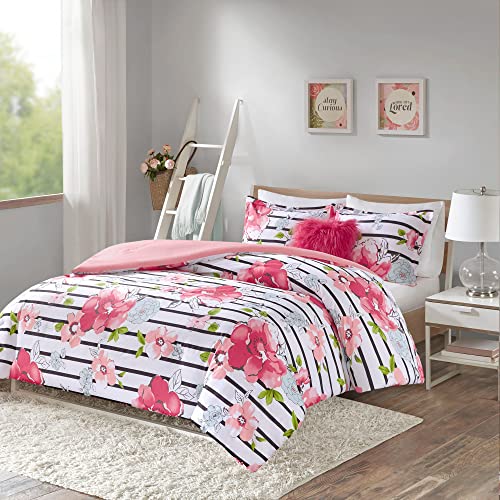 Comfort Spaces Comforter Set Printed Striped Floral Design with Faux Long Fur Decorative Pillow Bedding, Fabric, Pink, Twin/Twin XL