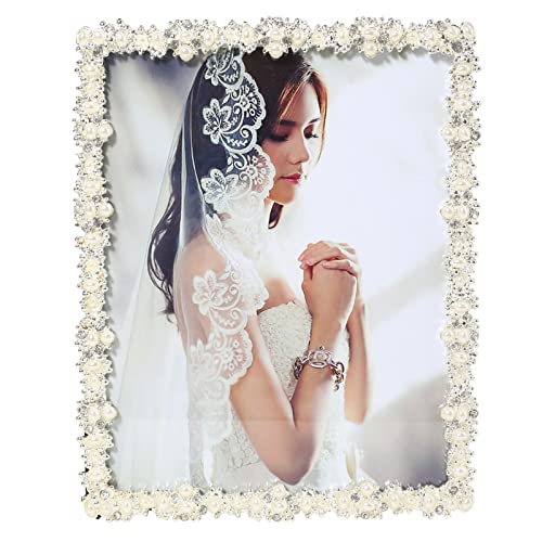 8x10 Picture Frame with Pearl for Wedding, Silver Plated Photo Frames with High Definition Glass Frames with Rhinestones, 8x10 Photo Frame for Wedding Gift, Tabletop or Wall Mounting Display for