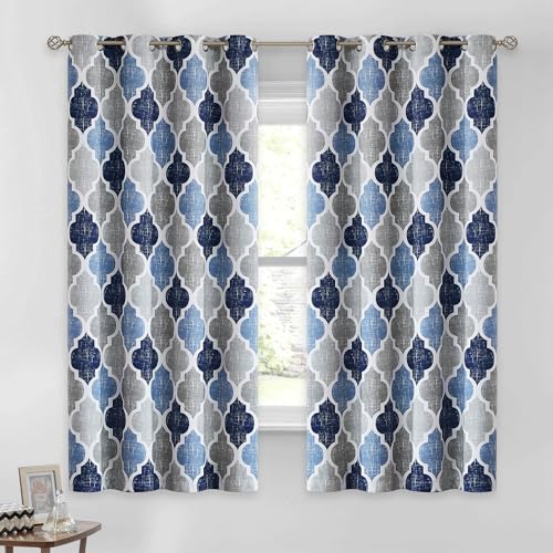 Beauoop Moroccan 100% Blackout Curtains Bedroom Blue Grey 50x54 2 Panels - Geometric Room Darkening Drapes for Living Room 54 Inch Long Thermal Insulated Soundproof Lattice Window Treatment Grommet
