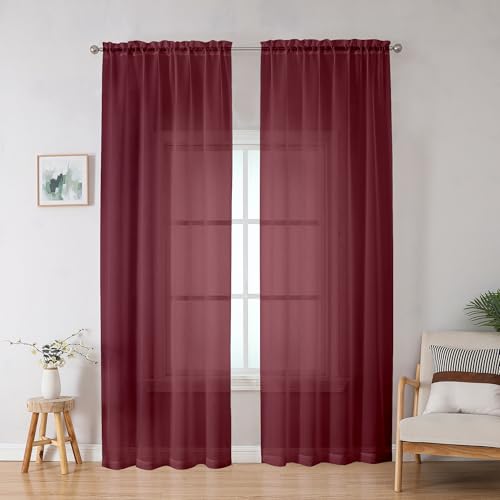 "OWENIE Sheer Curtains, Sheer Curtains 78 inch Length 2 Panels Set, Rod Pocket Voile Fimly Sheer Drapes for Living Room/Bedroom, 2pcs, Each 42"" W x 78"" L, Burgundy"