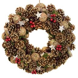 GreenBrokers Premium Quality Christmas Hanging Wreath 38cm- Festive Pine Cone Display with Gold Frosting