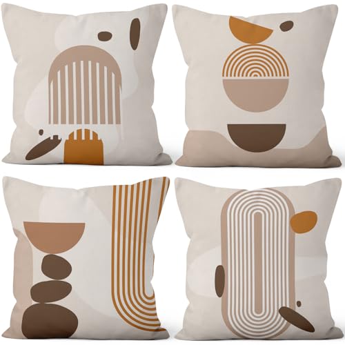 "Vie Savaran Abstract Bohemian Throw Pillow Covers 16""x16"" Set of 4, Modern Minimalist Irregular Geometric Pillow Cases for Sofa Chair Couch Bed Office Garden Patio Farmhouse Indoor Outdoor Decorative"