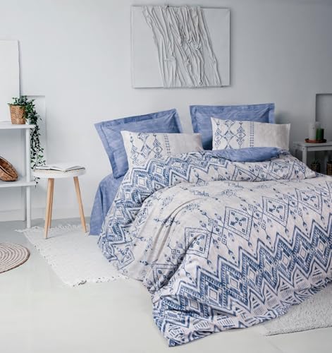 Nuit Des Rêves 100% Cotton Ranforce Single Quilt Cover Set, Blue, 135 x 200 cm Duvet & 80 x 80 cm Pillowcase, Pigment Printed, Machine Washable, Button Closure, Twin