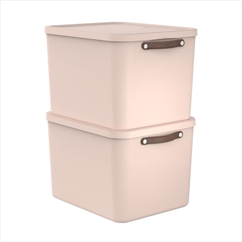 Rotho Maloja Storage Box with Lid 55 L Set of 2 Stackable in Rose - Set of 2 modular stackable storage boxes without lids inside each other with handles, made of recycled plastic