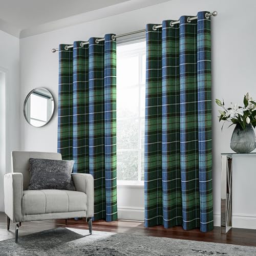 always4u 100% Blackout Woolen Look Plaid Curtains Modern Window Panels Blue Green Checkered Tartan Curtains for Living Room Bedroom 2 Panels Blue Green 45 * 84 Inches