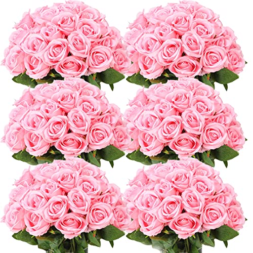 Jexine 50 Pcs Artificial Rose Flower Realistic Silk Roses with Stem Bouquet of Flowers Plastic Flowers Real Looking Fake Roses for Home Wedding Centerpieces Party Decorations (Pink)