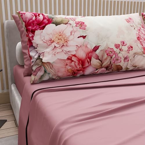 PETTI Artigiani Italiani - Cotton Sheets with Pillowcases in Digital Print, Double Maxi, Complete Top and Bottom Sheet with Corners, Floral 04 152 Dark Powder, 100% Made in Italy