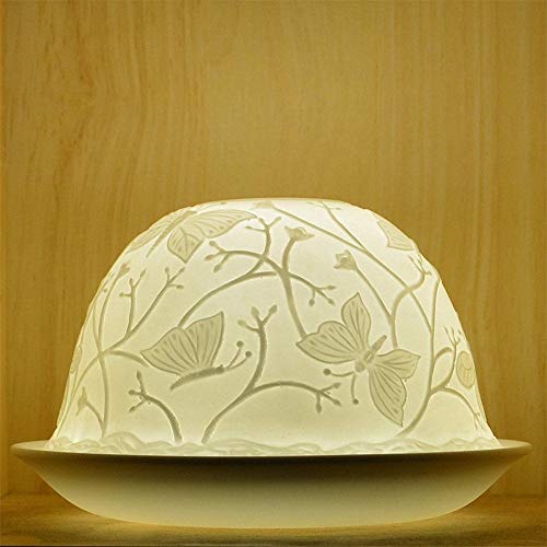 Nordic Lights Butterflies Porcelain Tealight Holder Dome - Candle Holder Projecting a 3D Image Use With Scented Candle, LED Light - Perfect Room Decor Lights - Shade & Plate Set with Gift Box
