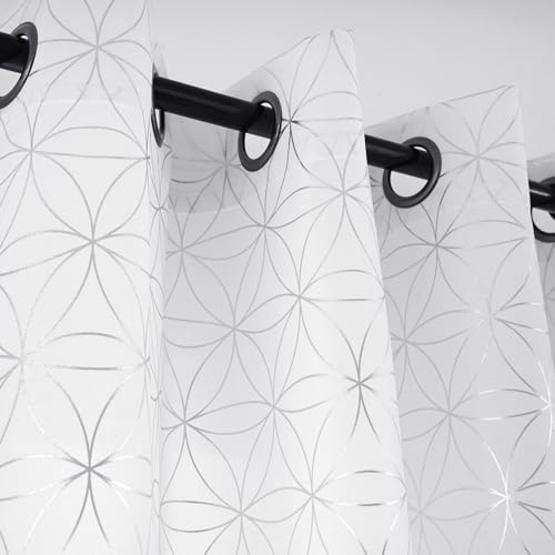 "Taisier Home Silver Linen Grommet Window Curtain Panels Metallic Geo Moroccan Tile Foil Print White Semi Sheer Draperies for Bedroom Living Room,Light Filtering Window Treatments,52"" Wx63 L,2 Panels"