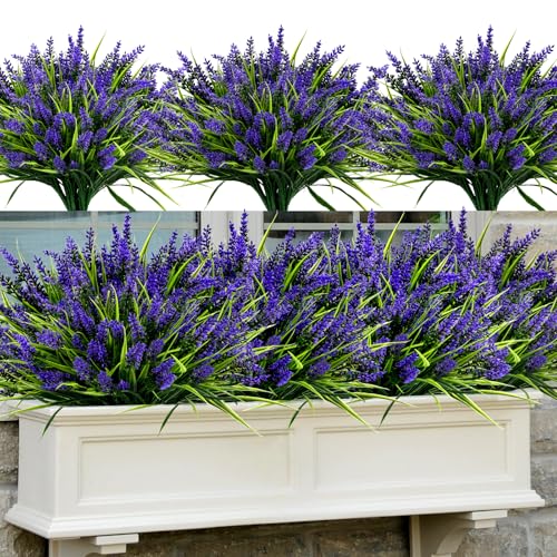 Geegoods Artificial Plants Flowers Outdoor ??? 48 Bundles UV Resistant Faux Lavender Flowers with Monkey Grass for Garden Porch Window Patio Hanging Planter Decor