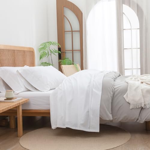 BESTOUCH King Washed Cotton Linen Feel Sheet Set, 4 Pcs Solid Bright White - 4 Piece Sheets, Deep Pockets with All???Around Elastic, Linen-Like Texture, Extra Soft & Breathable, No???Iron