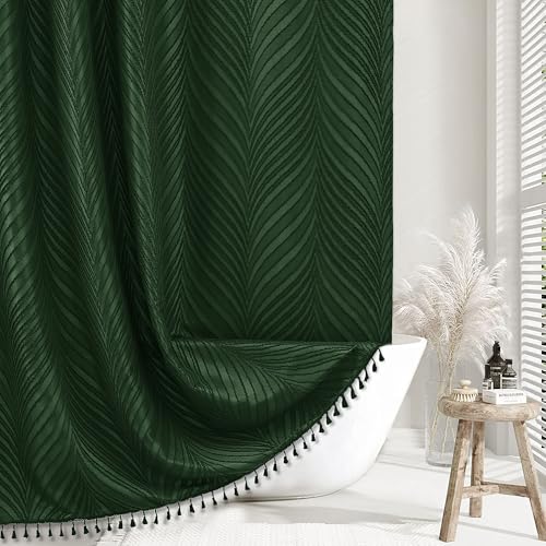 "Siiluminisoy 90inch Dark Green Boho Shower Curtain Long Green Shower Curtain for Bathroom Fabric Tufted Chervon Textured Shower Curtains Elegant Cloth Shower Curtains Cute, 72"" x90"""