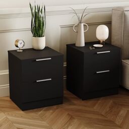 Vida Designs Trega 2 Drawer Bedside Cabinets Set of 2 Black - Compact Space-Saving Nightstands - 41H x 39W x 28D cm - Engineered Wood - Glide Drawers, Silver Handles - Ideal for Bedroom & Guest Room