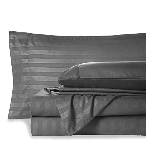 Mocassi Twin XL Stripe Sheet Set - Luxury Hotel 1800 Premier Bedding Sheets & Pillowcases - Ultra Soft Breathable & Cooling Bed Sheets - Wrinkle Resistant - 4 Piece Set - Twin XL, Gray