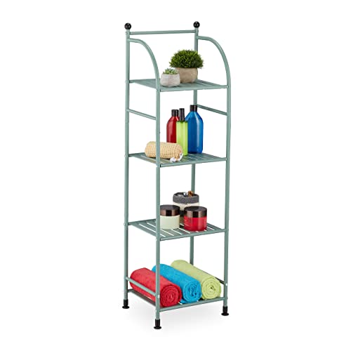 Relaxdays Narrow Storage Unit, 115 x 33 x 28 cm, Kitchen & Bathroom Shelf, 4 Lattice Trays, Metal Standing Tower, Green