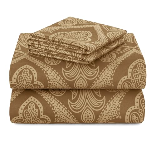 Hannah Linen Paisley King Sheet Set, 4 PC Soft Microfiber Wrinkle Free Sheets - Luxurious Printed Bed Sheets Includes Flat Sheet, Fitted Sheet with Deep Pockets, & 2 Pillowcases - Brown