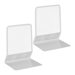 Relaxdays Set of 2 Bookends, Modern Mesh Design, for Books and Folders, Dividers, 17 x 13.5 x 10.5 cm, Metal, White, Steel