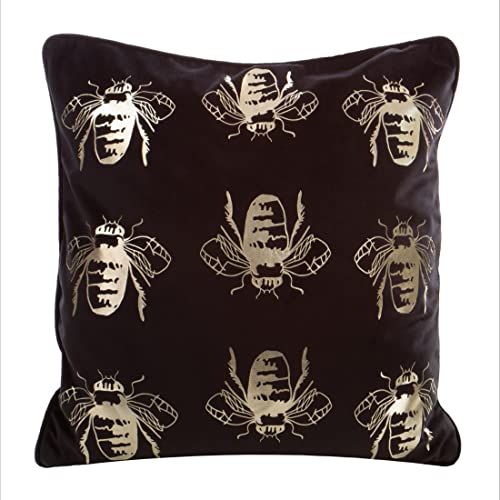 Eurofirany Elegant Velvet Cushion Covers Decorative Cushion with Print 45 x 45 cm Cover Velvet Cushion Cover Soft Sofa Cushion Golden Bees Edging Black