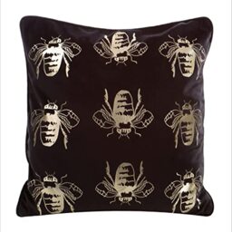 Eurofirany Elegant Velvet Cushion Covers Decorative Cushion with Print 45 x 45 cm Cover Velvet Cushion Cover Soft Sofa Cushion Golden Bees Edging Black