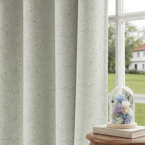 Geomoroccan Green Floral Jacquard Blackout Curtains 84 Inches Long for Living Room Bedroom Chenille Flower Room Darkening Thermal Insulated Soundproof Grommet Window Treatments Drapes 2 Panels