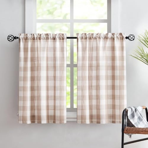 "Treatmentex Plaid Country Kitchen Curtains 24inch Taupe Tier Curtain Set for Basement Laundry Small Windows Semi Sheer Bathroom Window Curtains 27"" W x 2 Pcs"