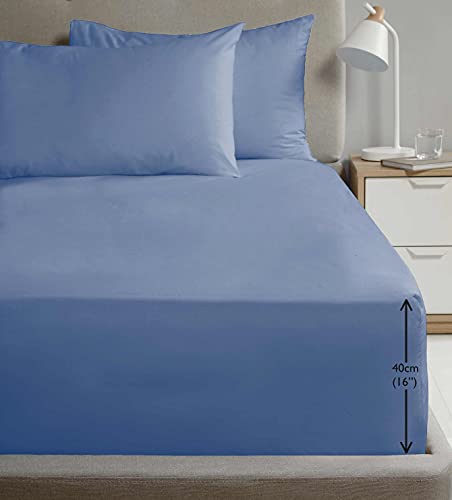 Rapport Home Super King Size Fitted Sheet Extra Deep 40cm Depth Blue Soft Easy Care Non-Iron Percale Bed Sheet – 16 inch Pocket