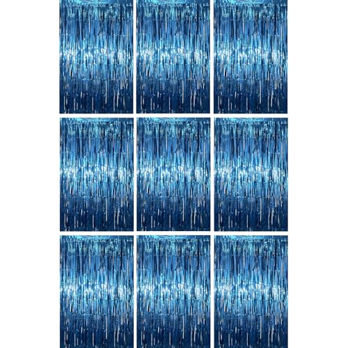 Voircoloria Retro Blue Foil Fringe Backdrop Curtains, 3.3x6.6ft, 9pcs - Tinsel Streamers, Birthday Party Decorations, Baby Shower, Gender Reveal, Graduation