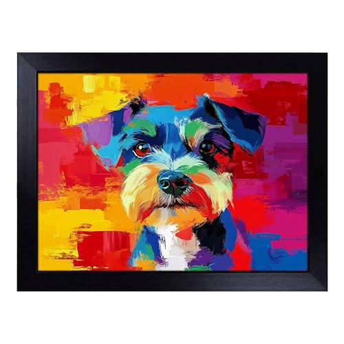 Lap Tray with Bean Bag Cushion, Schnauzer Artwork Dog - Handmade in the UK, Raised Wooden Edge, Padded Cushion, Heat-Resistant Wipe-Clean Surface, for Meals, Laptops and Crafts