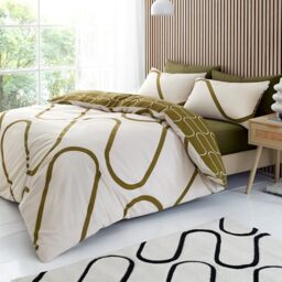 Catherine Lansfield Linear Curve Geometric Reversible Double Duvet Cover Set with Pillowcases Olive Green
