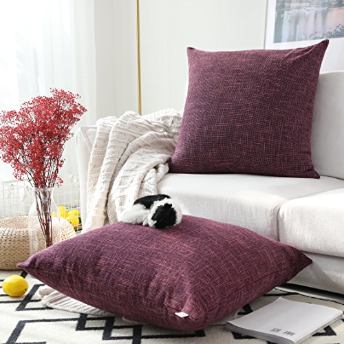 Kevin Textile Faux Linen Square 2 Tone Woven Throw Pillow Sham Cushion Case Covers for Car/Couch Use, 24-inch(2 Pack, Red Purple)