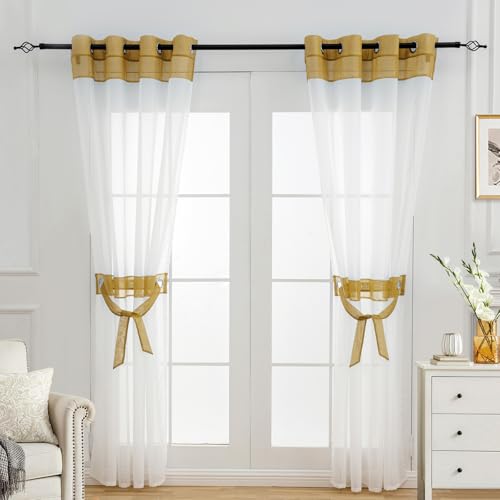 L.Z.E White and Gold Sheer Curtains 63 Inch Length 2 Panels for Living Room Dining Room, Transparent Elegant Short White Curtain with Tiebacks, Grommet Lightweight Window Treatment with Design