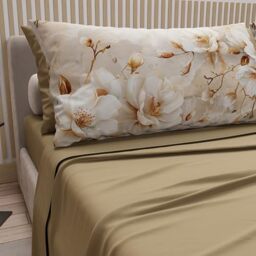 PETTI Artigiani Italiani - Cotton Sheets with Pillowcases in Digital Print, Single Sheet, Floral Design 12 Taupe, 100% Made in Italy