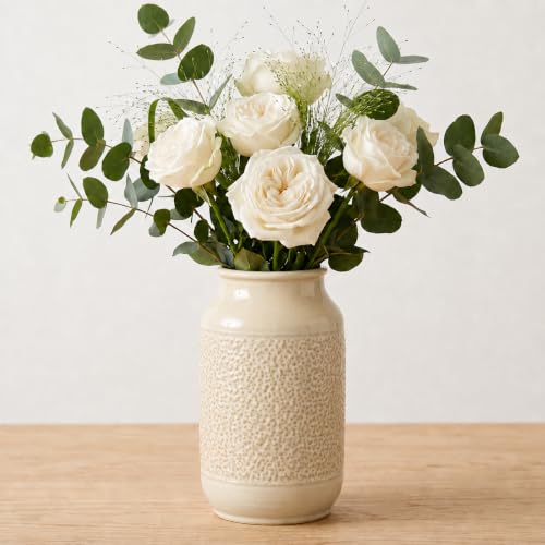 Wancetang Beige Ceramic Vase for Flowers - 9 Inch Textured Cream Vase for Pampas Grass, Modern Farmhouse Vases for Home Decor, Table Centerpiece, Shelf, and Mantle Decor