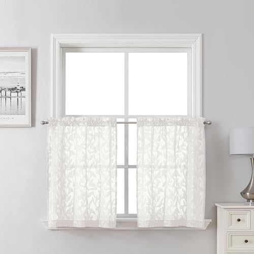 "Lecloud Leia Ivory Sheer Kitchen Curtains 24 Inch Length 2 Pcs, Jacquard Leaf Textured Voile Short Curtains with Dual Rod Pocket, Farmhouse Bedroom Living Room Tiers, 30"" W x 24"" L"
