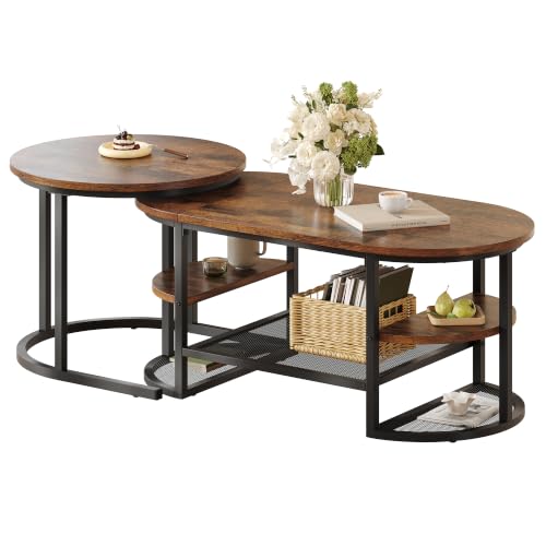 Feonase Coffee Tables, Nesting Tables Set of 2, Side Table with Metal Frame, Modern Stacking End Tables for Living Room Bedroom Office, Use Together or Separately,Rustic Brown