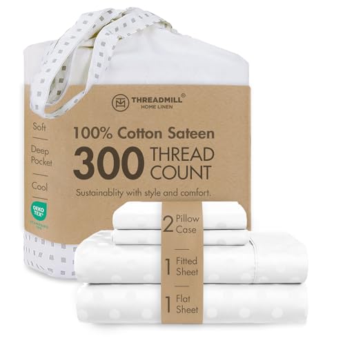 Threadmill 300 Thread Count Cotton King Sheet Set, Sateen, Jacquard, White - 100% Cotton, Sateen Weave, Jacquard Pattern, 4-Piece Set, Cooling, Breathable, All-Season, Lightweight, OEKO-TEX Certified