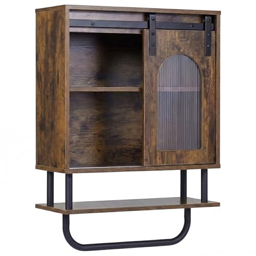 RELAX4LIFE Wall Mounted Bathroom Cabinet, Over The Toilet Storage with Sliding Fluted Door, Open Shelves and Metal Hanging Rod, Wooden Cupboard and Organizer Unit for Living Room (Rustic Brown)