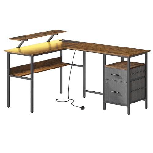VASAGLE Rustic Brown L-Shaped Computer Desk with Monitor Shelf, LED Lights, 2 Drawers, 2 USB Ports, Easy to Assemble, for Home Office