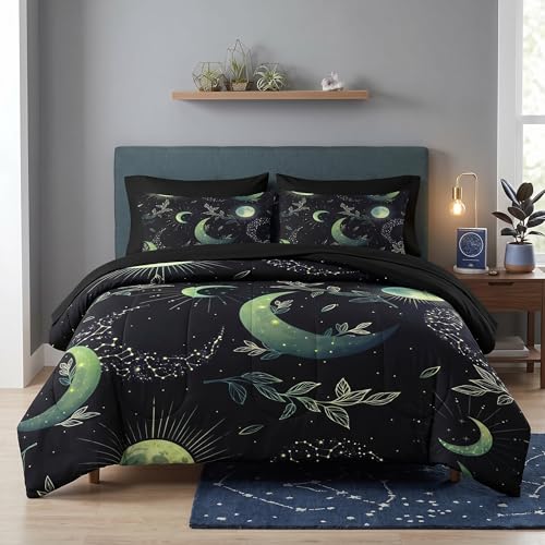Pamnest Comforter Set Twin Size, Green Boho Space 5 Pcs Bedding for Kids and Adults, Herbs Witch Floral Bed Sheet Sets with Fitted Sheet Pillowcase & Sham for Bedroom Bed Decor