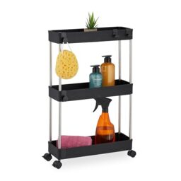 Relaxdays Niche Trolley, 3 Shelves, Narrow Kitchen & Bathroom Cart, HxWxD: 62 x 41.5 x 14.5 cm, Rolling Shelf, Black